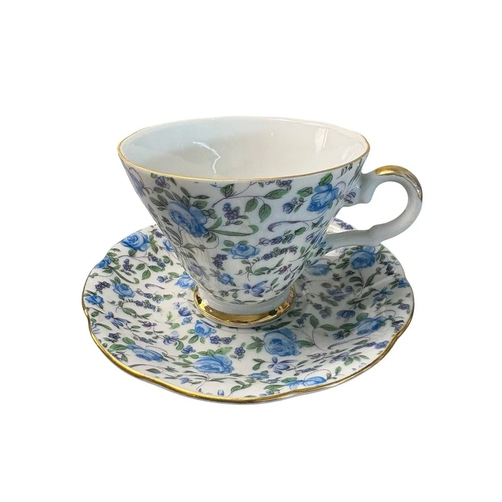 Vintage Lefton China Blue Chintz Floral Teacup & Saucer Set Gold Trim